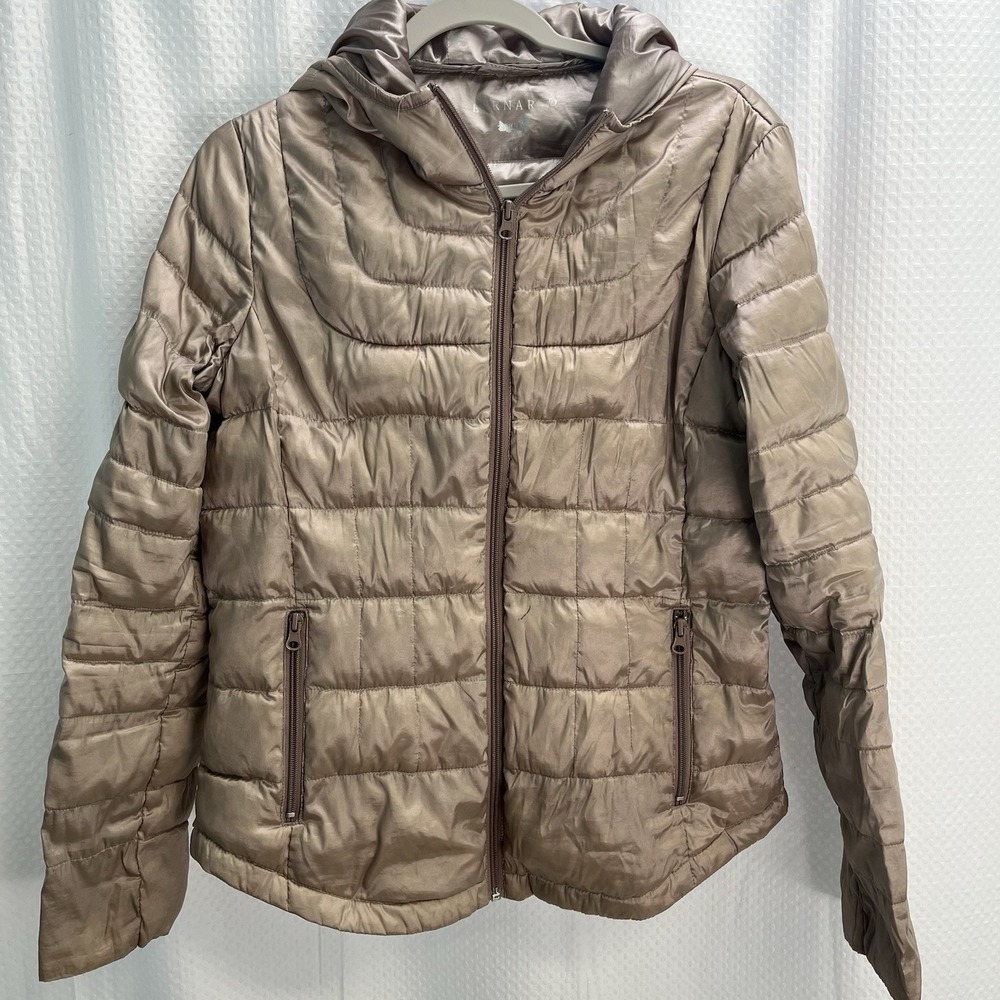 Bernardo Beige Metallic Quilted Down Hooded Packable Jacket Medium